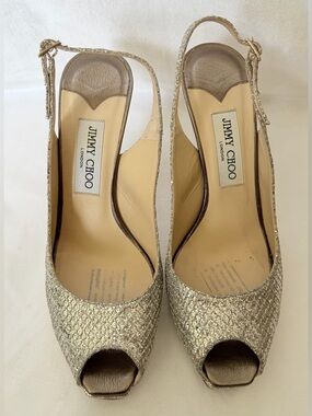 Jimmy Choo Gold Glitter Peep-Toe Slingback Pumps